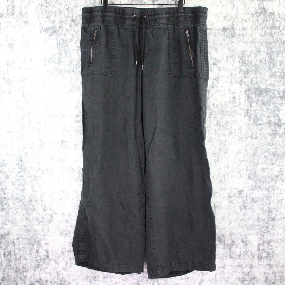 ATHLETA CABO Womens Size 16 100% Linen Wide Leg Elastic Waist Black Pants